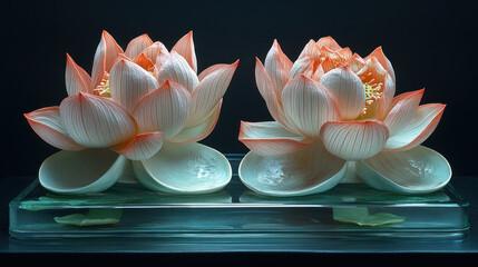 Two vibrant lotus flowers, pale peach and pinkish-orange in color, rest on a light teal-colored base, nestled in a clear glass tray, set against a black backdrop. 