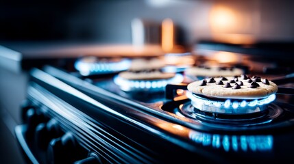 Homemade Chocolate Chip Cookies Baking on Gas Stove - Warm, delicious chocolate chip cookies baking on a gas stovetop, symbolizing home-baking, comfort food, sweet treats, kitchen warmth, and family