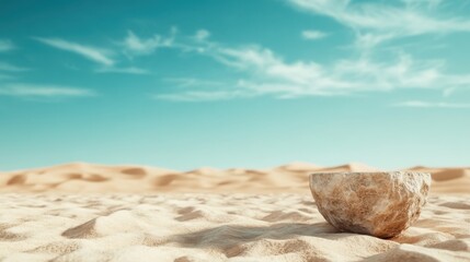 A solitary stone bowl rests in a vast and serene desert landscape, surrounded by gentle sand dunes under a bright blue sky with wispy clouds, inviting contemplation and stillness.