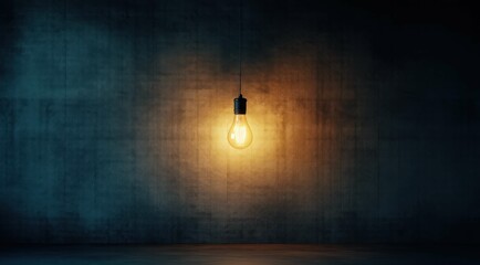 Glowing bulb against a textured concrete wall in dark room interior