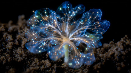 Microscopic view of seed coating embedded with beneficial microbes enhancing root development, glowing against a dark background representing soil environment
