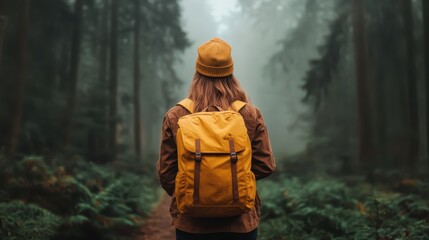 A lone hiker stands in a serene misty forest, showcasing a vibrant yellow backpack as they connect with nature, embodying adventure and solitude amidst towering trees.