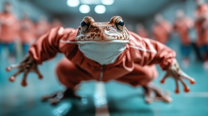 An amusing image of a frog dressed in a sporty outfit, positioned on a court, portraying unexpected humor and a unique twist on sports themes.