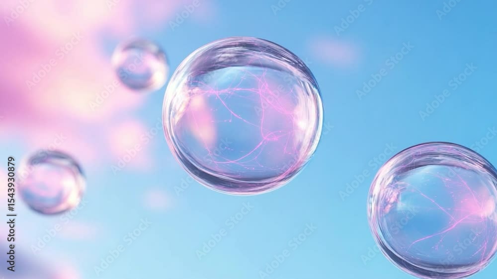 Poster Dreamy Bubbles: Captivating transparency of four shimmering bubbles floating serenely amidst a soft, dreamy sky, where nature's artistry creates a captivating spectacle