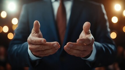 A confident speaker in a formal suit gestures with open hands, emphasizing connection and engagement while addressing a captivated audience amid bright stage lights.