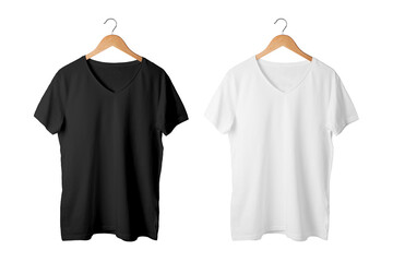 Front side of male white and black cotton t-shirt on a hanger mockup isolated on background. T-shirt without print and copy space for your text.3d rendering.