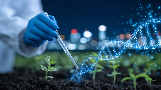 Laboratory technician pipetting biotech soil additive into sample containers, with DNA helix and plant growth graphics overlaid digitally in the background