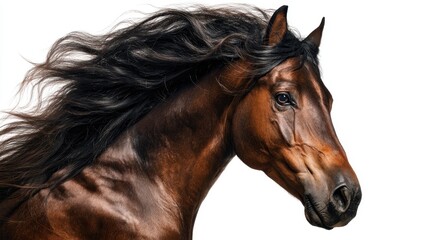 Obraz premium Majestic bay horse with flowing mane, side profile, isolated on white, dramatic lighting -- Strength and elegance in motion