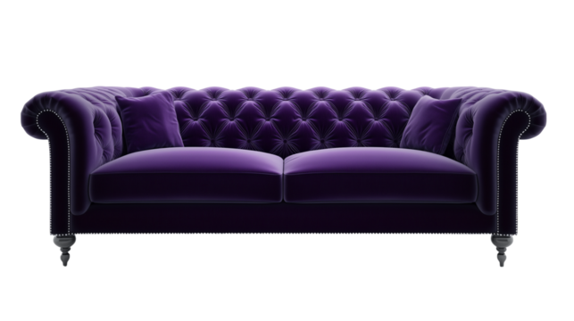 Royal purple tufted luxury sofa, isolated on a transparent backgrounds