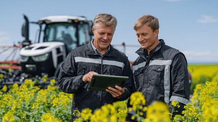 Farmer and technician reviewing tablet data next to a solar-powered crop sprayer, with a backdrop of blooming sunflower fields and clear skies