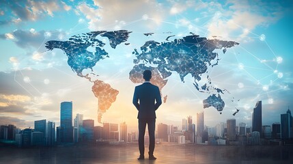 Business man is standing in front of a globe map with cities on it Financial Concept AI Generated