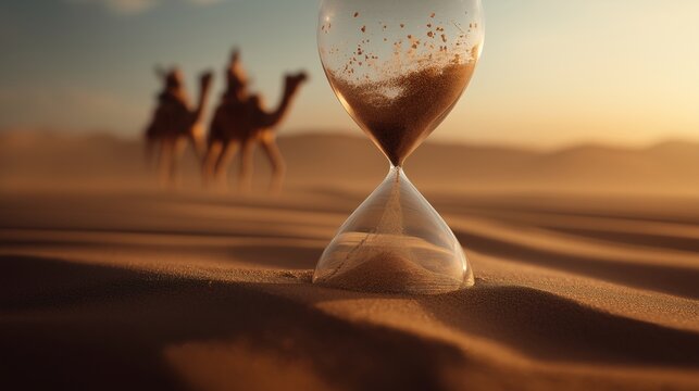 Hourglass in desert, time passing, with camels in the distance