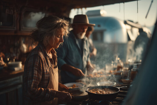 Multigenerational family enjoying breakfast in a cozy kitchen at dawn