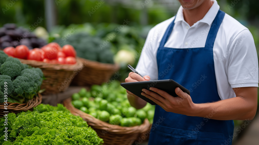 Poster farmer using a stylus to annotate crop yield data on a digital device, surrounded by baskets of fres