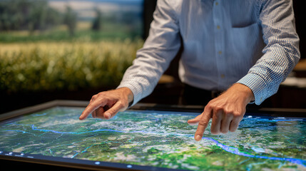 Interactive touchscreen showing yield variability across different farm plots, with farmer gestures selecting zones on a digital map, crops in the background
