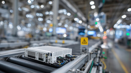 Fototapeta premium Edge computing rack installed next to conveyor belts in a clean, automated assembly line, cables and blinking LEDs signaling real-time data processing at the source