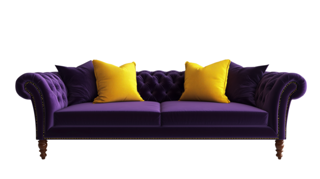 Royal purple tufted luxury sofa, isolated on a transparent backgrounds