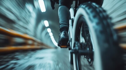 A dynamic photo of a mountain biker pedaling swiftly through a tunnel, evoking thrill, speed, and adventure, highlighted by motion blur against an electrifying backdrop.