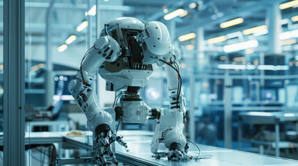 Technological Marvel: Industrial robot, its intricate mechanical arms meticulously designed to embody the essence of futuristic automation, poised within a modern workshop.
