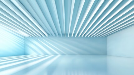 A bright and airy minimalist room featuring elegant blue walls and textured ceilings, illuminated by soft light rays that create a serene and peaceful atmosphere.