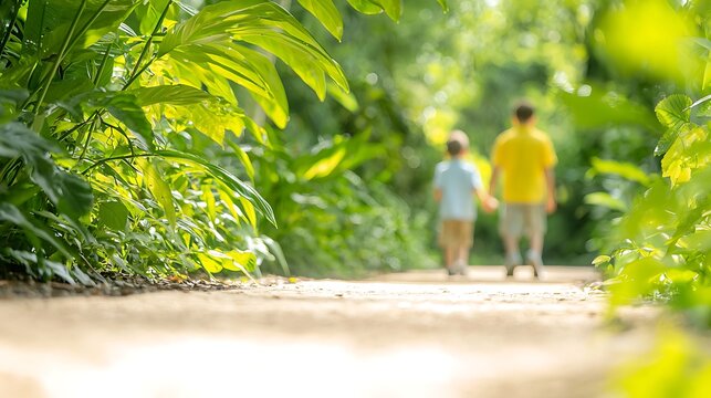 A Father and Son Walking on a Path Through Lush Greenery