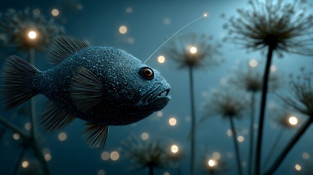 Realistic deep sea environment featuring glowing anglerfish faint surrounding marine snow natural bioluminescent lure