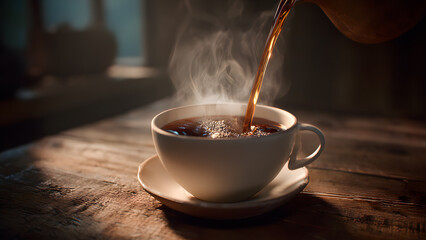 Pouring hot drink: Dark liquid stream fills a cup on a rustic wooden table.