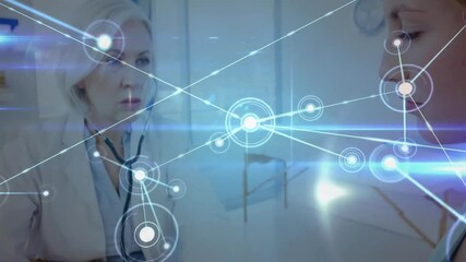 Doctor placing BP cuff on patient arm, reading gauge and generating digital network overlay - Powered by Adobe