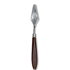 A metal gardening trowel with a wooden handle, used for digging and planting in soil.