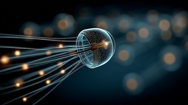 Realistic deep sea ctenophore emitting bioluminescent pulses it drifts vertically transparent body with internal light trails - Powered by Adobe