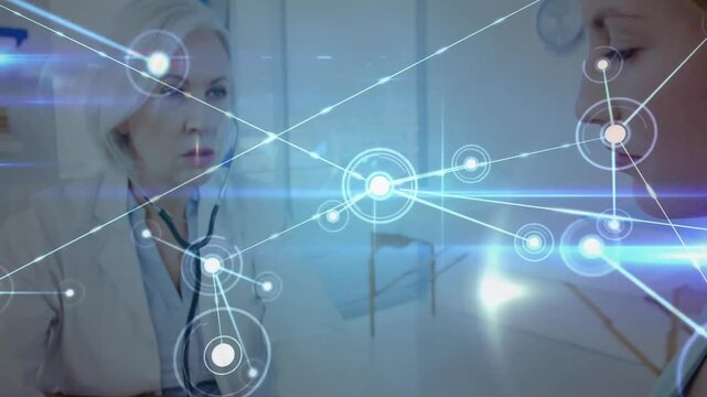 Doctor placing BP cuff on patient arm, reading gauge and generating digital network overlay - Powered by Adobe