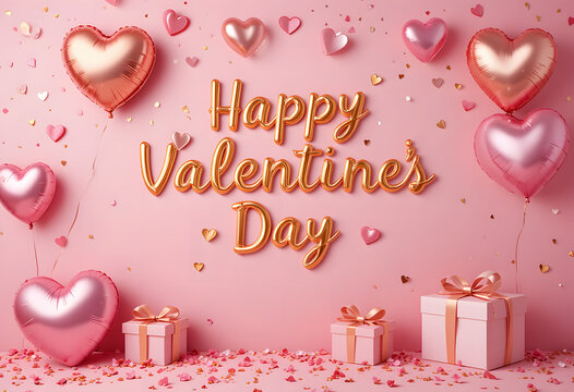 Happy Valentine's Day banner. Metallic balloons with pink and gold hearts and gifts on pink Valentine's Day background.