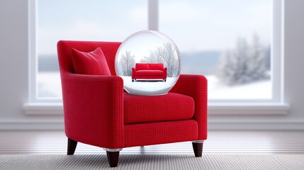 Red Chair and Snow Globe Scene - A red armchair holds a snow globe featuring a miniature red sofa, set against a bright window with a winter landscape