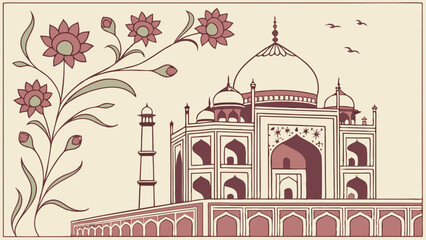 Taj mahal illustration with floral design element