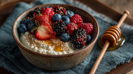 Delicious cottage cheese bowl topped with fresh berries and honey drizzle