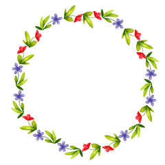 Naklejka premium Wreath of red and blue flowers. Nordic folklore, Scandinavian style. Elements of folk art design. Watercolor background, backdrop for poster, logo, postcard, invitation, label, etc.