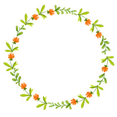 Fototapeta premium Wreath of orange flowers. Nordic folklore, Scandinavian style. Elements of folk art design. Watercolor background, backdrop for poster, logo, postcard, invitation, label, etc.