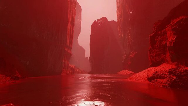 Abstract red shapes, negative space in the middle, enigmatic, impossible terrain,  raytraced reflections, Generative AI Video.
