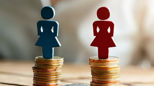 Gender pay gap concept with male and female figures on stacks of coins
