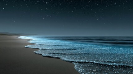 Realistic beach night with bioluminescent algae glowing along the shoreline soft blue shimmer on gentle waves clear starry sky in the background