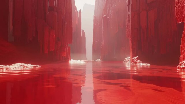 Abstract red shapes, negative space in the middle, enigmatic, impossible terrain,  raytraced reflections, Generative AI Video.
