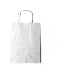 A plain white paper bag with handles, commonly used for shopping or carrying items.
