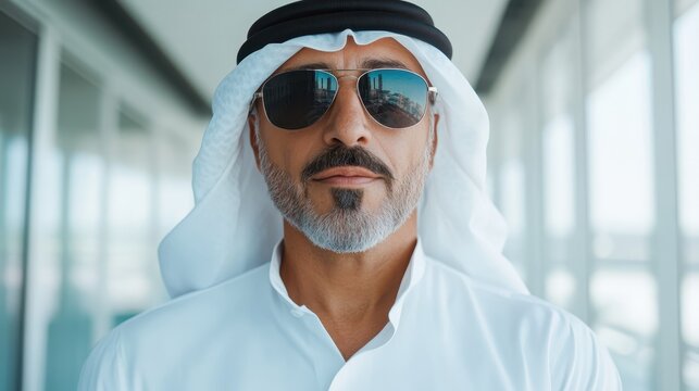 An elegant man wearing a traditional white thobe and sunglasses, exuding confidence and style while standing against a modern backdrop.