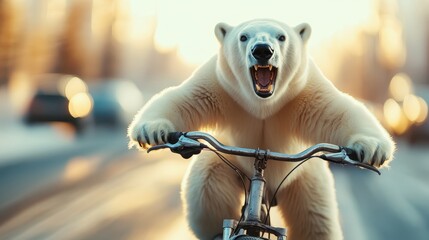 An imaginative scene depicting a polar bear riding a bicycle through a vibrant city environment, creating a contrast between nature and urban life in a humorous way.
