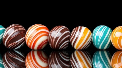 Fototapeta premium An artistic arrangement of beautifully swirled chocolate eggs on a reflective surface, showcasing rich colors and their glossy finishes, inviting indulgence and temptation.
