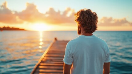 A serene silhouette of a man standing on a pier, gazing at a breathtaking sunset over calm waters, capturing a moment of reflection and connection with nature.