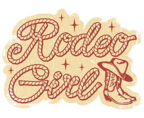 Rodeo Girl Rope text vector printable illustration isolated on white for design. Vintage typography Cowboy rope text with Western botts and lasso Lettering.