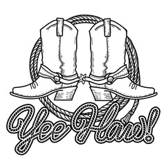 Yee haw text Cowboy boots and lasso Rodeo vector hand drawn illustration isolated on white background for design. Vector printable black graphic Rodeo symbol