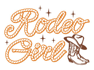 Rodeo Girl Rope text vector printable illustration isolated on white for design. Vintage typography Cowboy rope text with Western botts and lasso Lettering. © GeraKTV