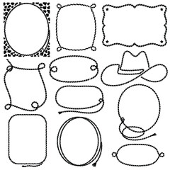 Rope frames vector graphic illustration isolated on white background for design. Vector cowboy lasso black silhouette set .
